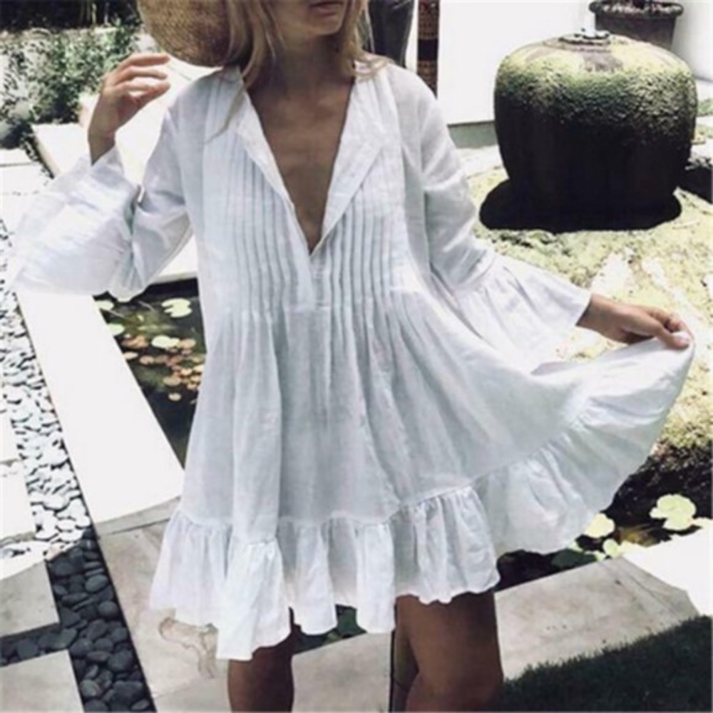 Boho White ruffle hem 3/4 sleeve v neck dress - Picture 1 of 5